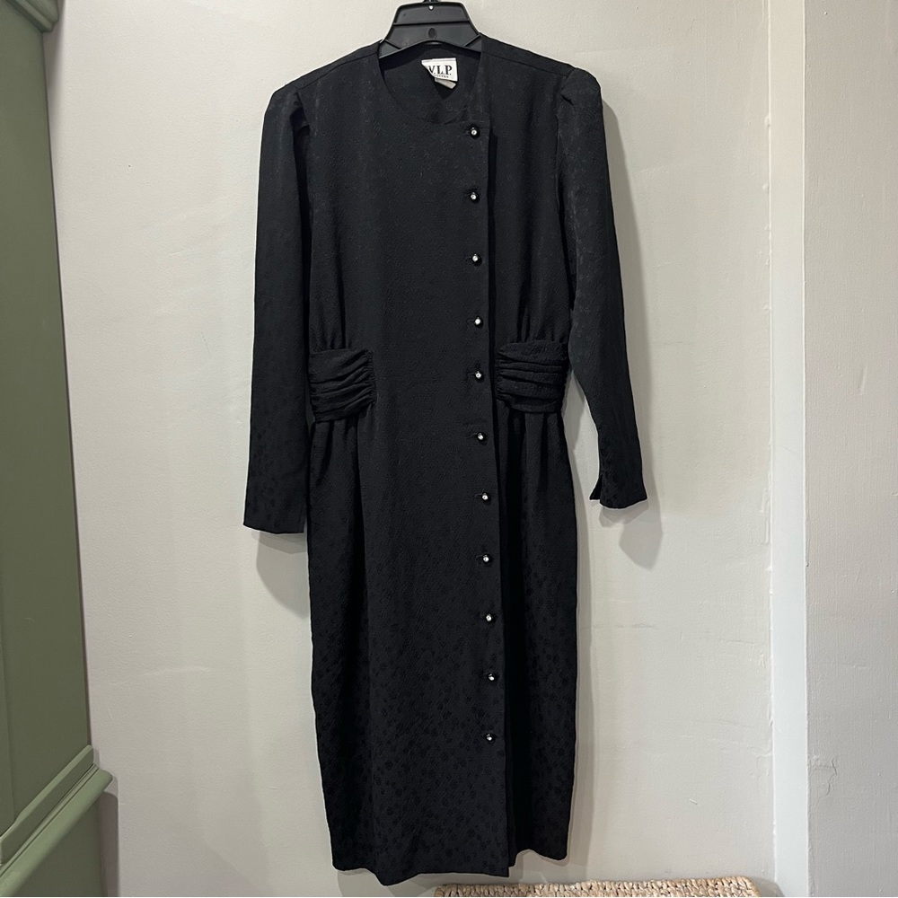 VLP Petites Womens Vintage Dress SZ 10 Black Buttons MIDI Long sleeve‎